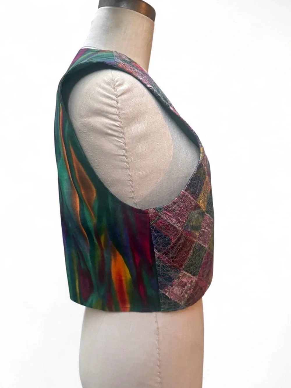 Patchwork Colorful Vest Pink Purple Teal painterly back reversible - green satin